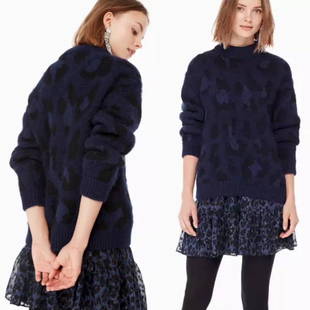 KATE SPADE Leopard Print Alpaca Wool Mockneck Sweater Blue/Purple Black Size S